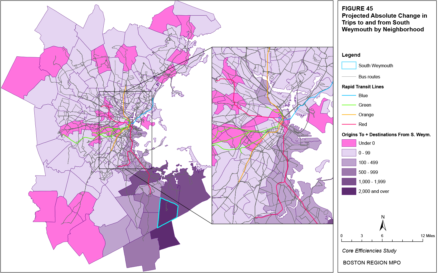 This map shows the projected absolute change in trips to and from the South Weymouth neighborhood by neighborhood.